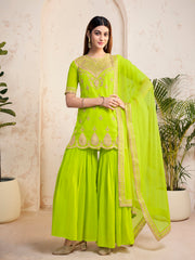 Women Ethnic Motifs Embroidered Regular Sequinned Kurta with Sharara & With Dupatta