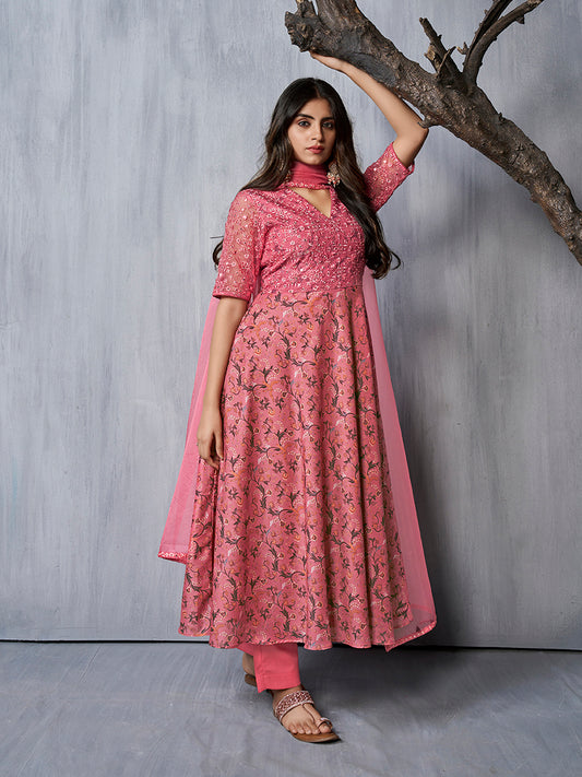 Women Floral Printed Panelled Thread Work Kurta with Trousers & With Dupatta