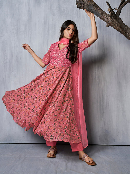 Women Floral Printed Panelled Thread Work Kurta with Trousers & With Dupatta