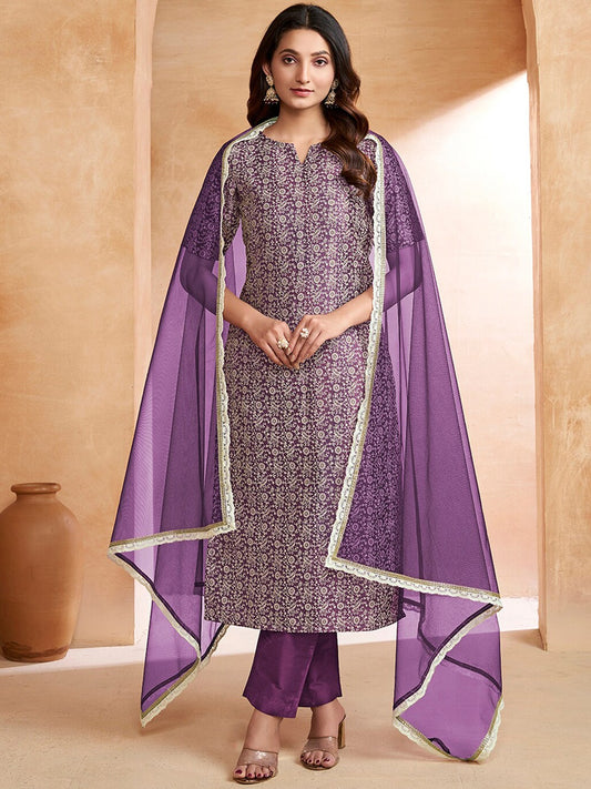 Purple Women Floral Printed Regular Thread Work Kurta with Trousers & With Dupatta