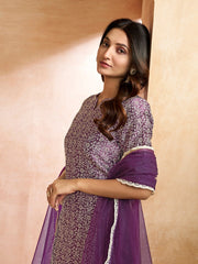 Purple Women Floral Printed Regular Thread Work Kurta with Trousers & With Dupatta