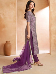 Purple Women Floral Printed Regular Thread Work Kurta with Trousers & With Dupatta