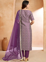 Purple Women Floral Printed Regular Thread Work Kurta with Trousers & With Dupatta
