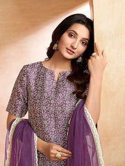 Purple Women Floral Printed Regular Thread Work Kurta with Trousers & With Dupatta
