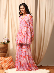 Lavender Women Floral Printed Pleated Kurta with Sharara