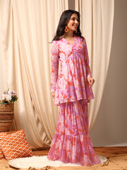 Lavender Women Floral Printed Pleated Kurta with Sharara