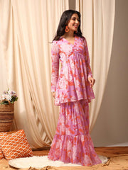 Lavender Women Floral Printed Pleated Kurta with Sharara