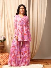 Lavender Women Floral Printed Pleated Kurta with Sharara