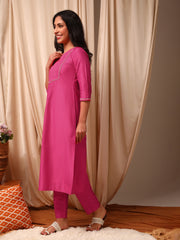 Pink Women Pleated Gotta Patti Pure Silk Kurta with Trousers