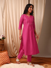 Pink Women Pleated Gotta Patti Pure Silk Kurta with Trousers