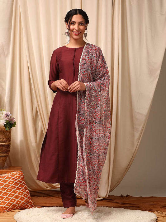 Maroon Women Panelled Kurta with Trousers & With Dupatta