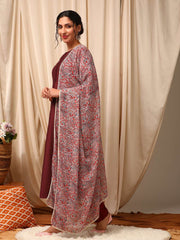Maroon Women Panelled Kurta with Trousers & With Dupatta