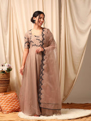 Beige Women Floral Flared Sleeves Thread Work Anarkali Kurta