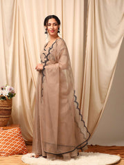 Beige Women Floral Flared Sleeves Thread Work Anarkali Kurta