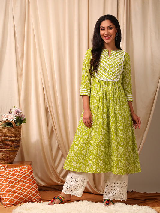 Green Women Ethnic Motifs Printed Thread Work Anarkali Kurta