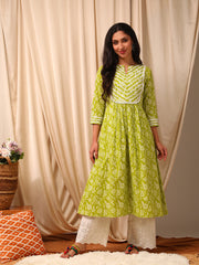 Green Women Ethnic Motifs Printed Thread Work Anarkali Kurta