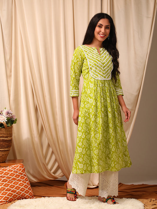 Green Women Ethnic Motifs Printed Thread Work Anarkali Kurta