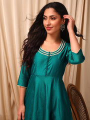Green Round Neck Embroidered Lace Detailing Anarkali Kurta