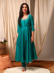 Green Round Neck Embroidered Lace Detailing Anarkali Kurta