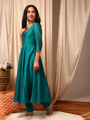 Green Round Neck Embroidered Lace Detailing Anarkali Kurta