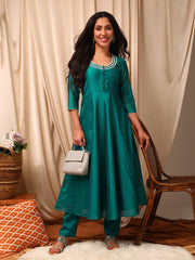 Green Round Neck Embroidered Lace Detailing Anarkali Kurta