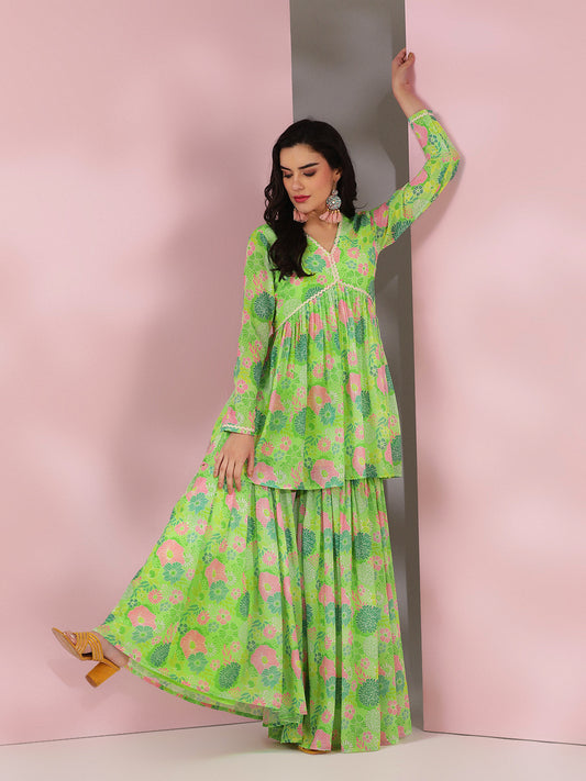 Floral Printed V-Neck Top With Palazzo Co-Ords