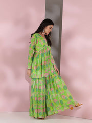 Green Women Floral Printed Pleated Gotta Patti Kurta with Sharara