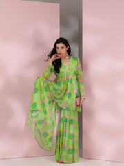 Green Women Floral Printed Pleated Gotta Patti Kurta with Sharara