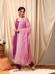 Women Purple Floral Embroidered Regular Thread Work Kurta with Trousers & With Dupatta