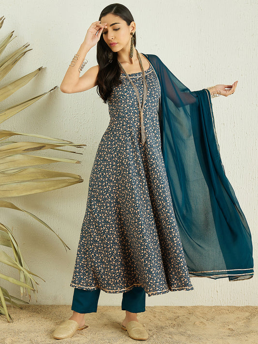 Teal Floral Printed Gotta Patti Kurta with Trousers & Dupatta
