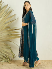 Teal Floral Printed Gotta Patti Kurta with Trousers & Dupatta