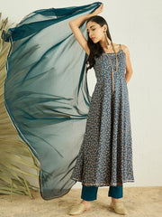 Teal Floral Printed Gotta Patti Kurta with Trousers & Dupatta