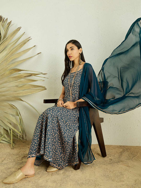 Teal Floral Printed Gotta Patti Kurta with Trousers & Dupatta