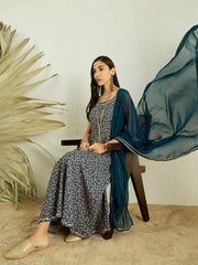 Teal Floral Printed Gotta Patti Kurta with Trousers & Dupatta
