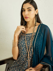 Teal Floral Printed Gotta Patti Kurta with Trousers & Dupatta