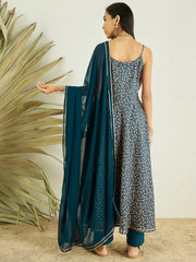 Teal Floral Printed Gotta Patti Kurta with Trousers & Dupatta