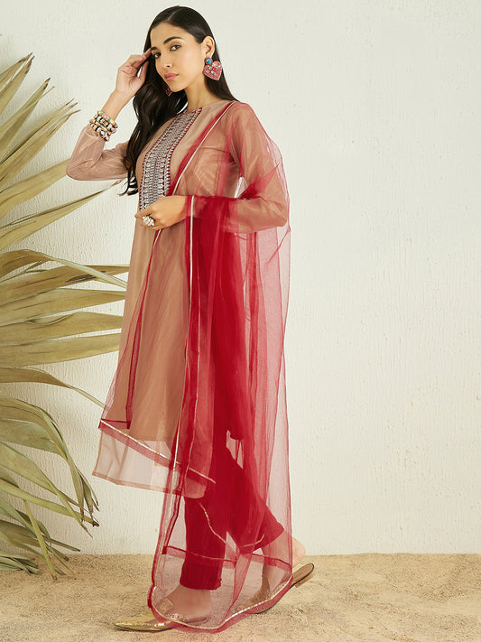 Cream Ethnic Motifs Yoke Design Sequined Kurta with Trousers & Dupatta