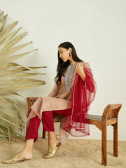 Cream Ethnic Motifs Yoke Design Sequined Kurta with Trousers & Dupatta