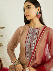 Cream Ethnic Motifs Yoke Design Sequined Kurta with Trousers & Dupatta