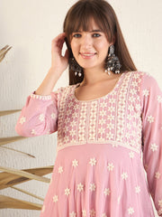 Pink Women Geometric Flared Sleeves Georgette Anarkali Kurta