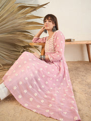 Pink Women Geometric Flared Sleeves Georgette Anarkali Kurta