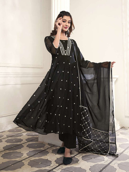 Women Floral Embroidered Empire Thread Work Kurta with Trousers & With Dupatta