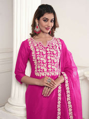 Floral Yoke Design Notch Neck Thread Work Kurta With Trousers & Dupatta