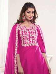 Floral Yoke Design Notch Neck Thread Work Kurta With Trousers & Dupatta