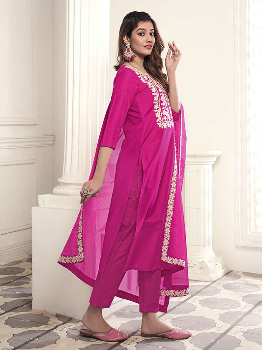 Floral Yoke Design Notch Neck Thread Work Kurta With Trousers & Dupatta
