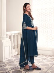 Women Floral Yoke Design Regular Thread Work Kurta with Trousers & With Dupatta