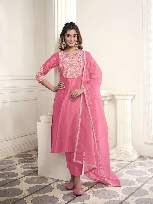Women Floral Yoke Design Regular Thread Work Kurta with Trousers & With Dupatta