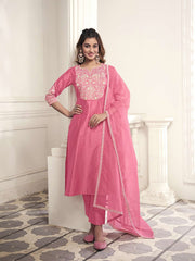 Women Floral Yoke Design Regular Thread Work Kurta with Trousers & With Dupatta