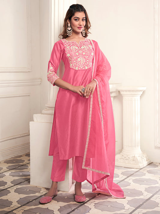 Women Floral Yoke Design Regular Thread Work Kurta with Trousers & With Dupatta