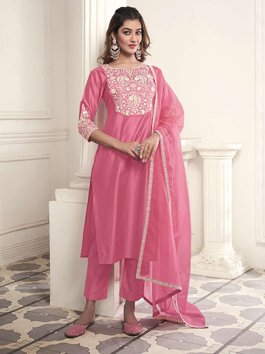 Women Floral Yoke Design Regular Thread Work Kurta with Trousers & With Dupatta